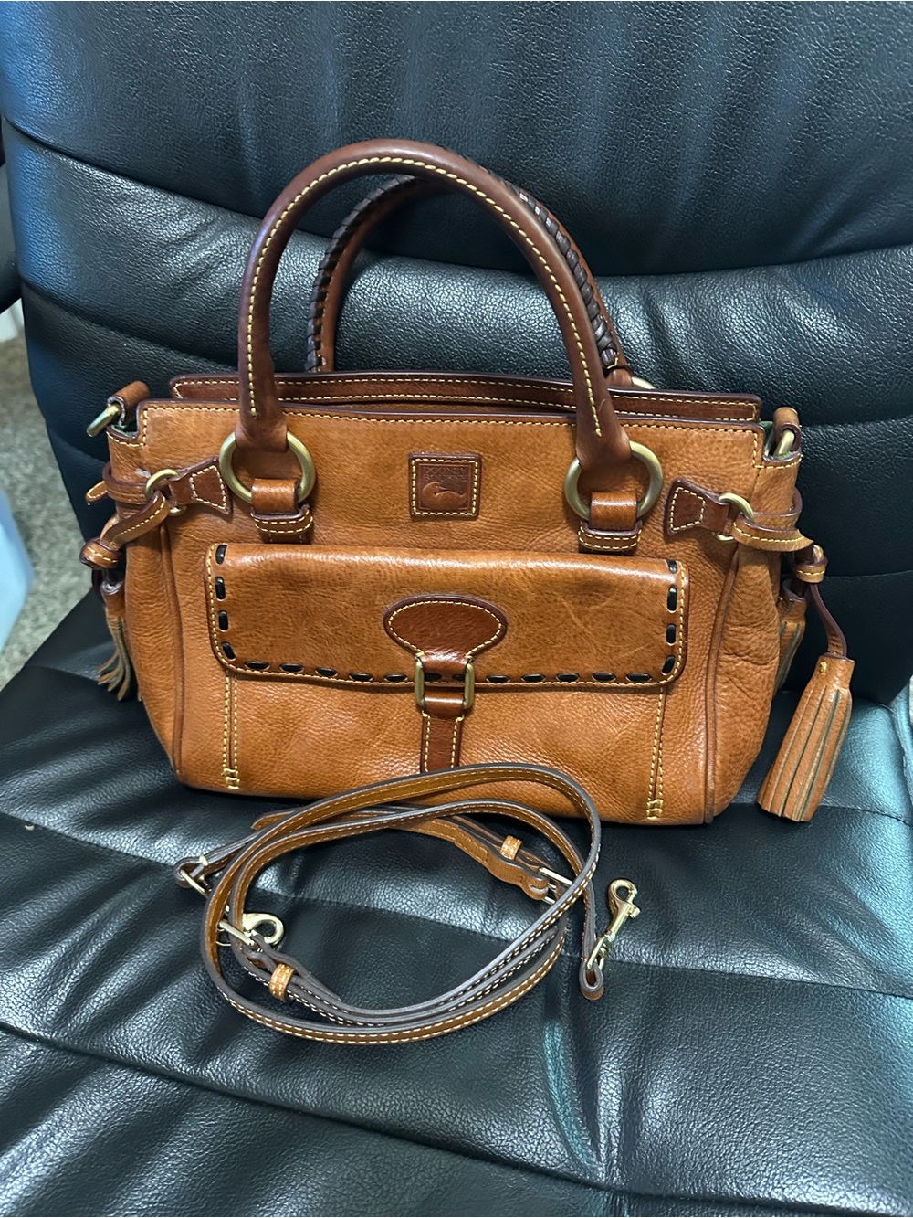 Dooney and Bourke Leather Satchel Handbag in Cognac Brown